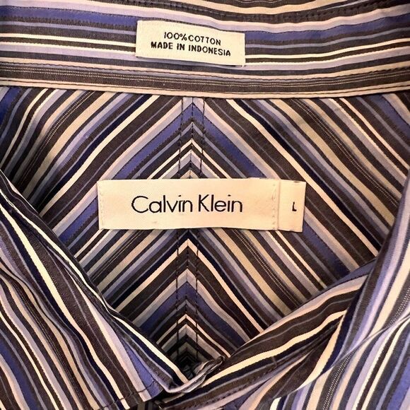 Calvin Klein Men's Long Sleeve Cotton Blue & Grey Striped Button Down Shirt sz L - Picture 3 of 6